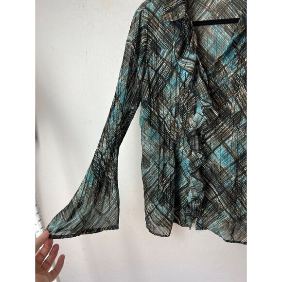 Apt 9 Novelty Print Teal Multicolor Blouse Size XL Sheer - Picture 2 of 5